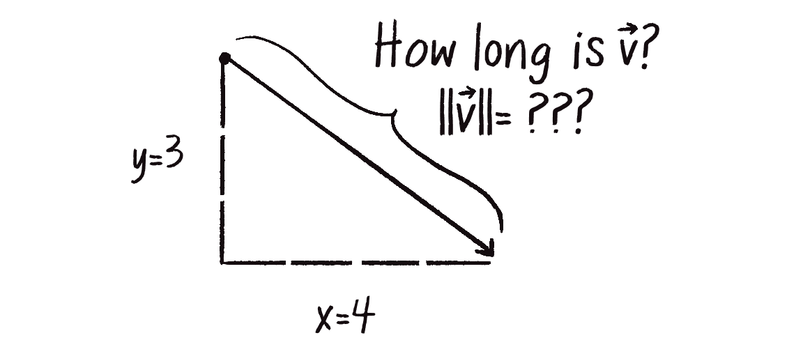 Figure 1.11: The length or “magnitude” of a vector \vec{v} is often written as: \lVert\vec{v}\rVert