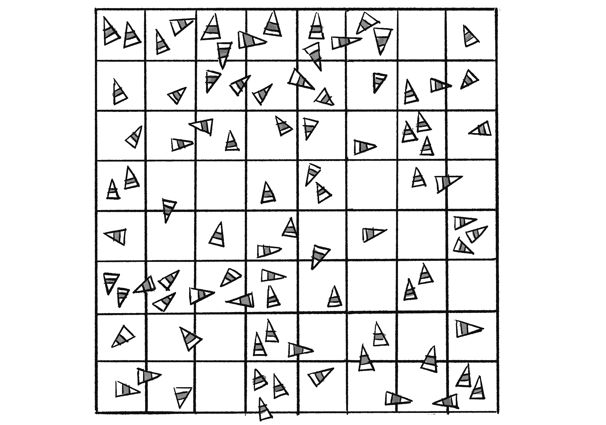 Figure 5.36: A square canvas full of vehicles, subdivided into a grid of square cells